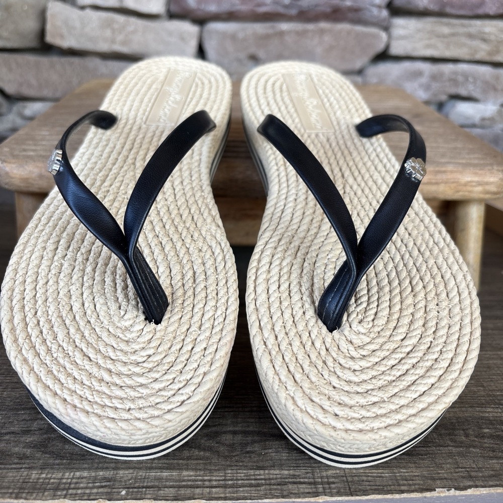 Tommy Bahama Women's Rope Weave Flip Flops Black Thong Strap Size 6 Tan/Black